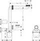 Hansgrohe Raumsparsiphon, schematische Darstellung mit Abmessungen und Anschlussdetails, passt an Standard-Waschtische. Sichtbar sind Rohrverlauf und Montagepunkte.